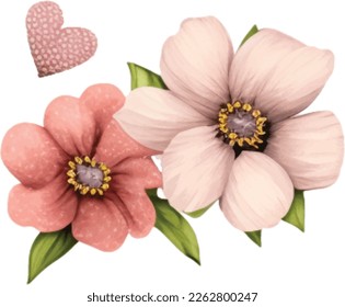 Spring Love Flowers Watercolor Illustration. Lovely Pink Pastel Flowers Spring decoration watercolor design elements.