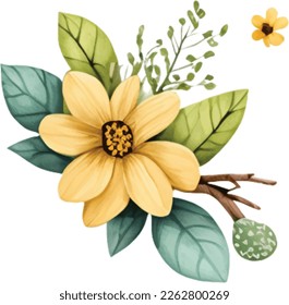 Spring Love Flowers Watercolor Illustration. Lovely Yellow Flowers Spring decoration watercolor design elements.