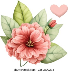 Spring Love Flowers Watercolor Illustration. Lovely Pink Pastel Flowers Spring decoration watercolor design elements.