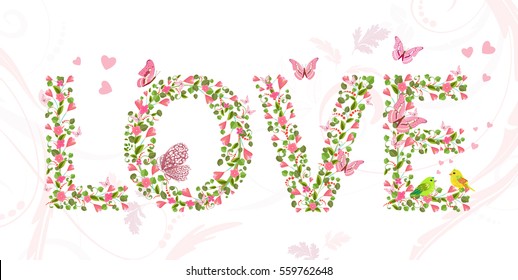 spring love with flying butterflies and couple of cute birds