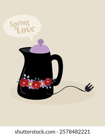  Spring Love Illustration with Electro Kettle at Flowers Decoration