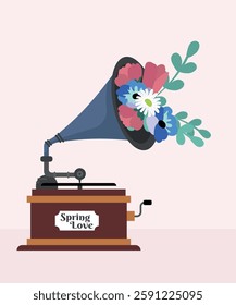 Spring Love Illustration with Gramophone and Flowers