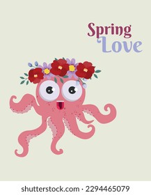 Spring Love Illustration Octopus With Brunch Flowers Decoration	