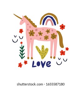 Spring love lettering unicorn greeting card. Horse with folk nordic floral ornament. Paper cut animal in flat modern scandinavian style. Hand drawn colored set. Hygge and lagom design concept. Vector