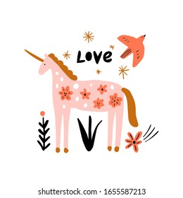 Spring love lettering unicorn greeting card. Horse with folk nordic floral ornament. Paper cut animal in flat modern scandinavian style. Hand drawn colored set. Hygge and lagom design concept. Vector