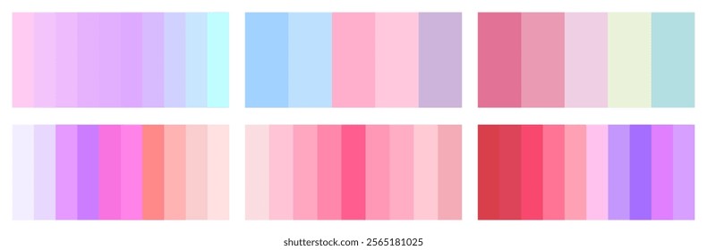 Spring Love. Pastel gradient color palette set. Soft pink, lavender, sky blue, and coral tone gradient swatches. Vector abstract gradient collection for design projects.