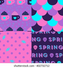 Spring Love Patterns - Collection of 4 seamless patterns inspired on Spring featuring hearts, flowers and fruits.