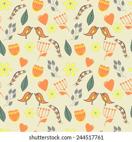 spring lovely seamless pattern with flovers and birds