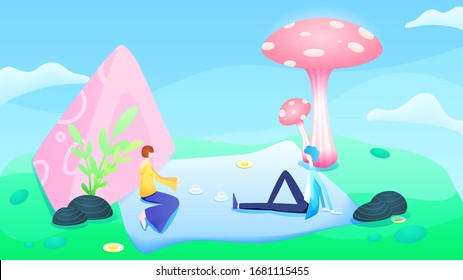 In spring, lovers on outdoor outings date on the grass, picnic, vector illustration material