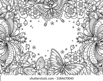 Spring magic composition frame in doodle style. Floral, ornamental, tribal, decor design elements. Butterflies, flowers, leaves. Black and white background. Coloring book horizontal page