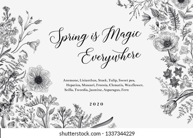 Spring magic. Horizontal card. Vector vintage illustration. Black and white