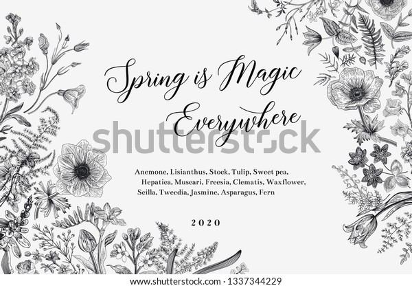 春の魔法 横型カード ベクタービンテージイラスト 白黒 のベクター画像素材 ロイヤリティフリー