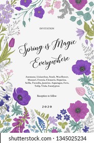 Spring magic. Invitation. Blue and purple flowers. Vector vintage illustration.