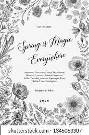 Spring magic. Invitation. Vector vintage illustration. Black and white