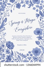 Spring magic. Invitation. Vector vintage illustration. Blue and white. Toile de Jouy