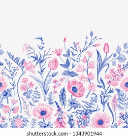 Spring magic. Seamless border. Vector vintage illustration. Blue and pink. 