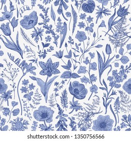 Spring magic. Seamless floral pattern. Blue and white. Toile de Jouy. Vector vintage illustration.