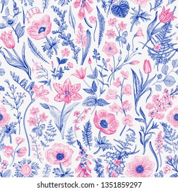 Spring magic. Seamless floral pattern. Blue and pink. Vector vintage illustration.