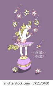 Spring magic. Season greeting card. Cute character and graphic elements for kids. Happy little pony in tutu skirt juggles flowers and balances on the ball with funny birds bring her the flower.