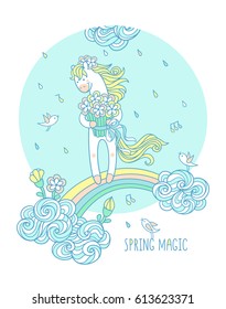 Spring magic. Sweet little pony stands under a rain drops on rainbow with bouquet and funny birds fly around her above the curly clouds. Cute animal character and elements for kids season design. 