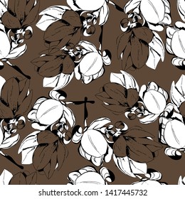 Spring magnolia flowers, seamless pattern with flowers, stylization. Hand draws in ink. Retro botanical illustration, vintage. Plants for the title, image for the blog, design. Wallpaper design, texti