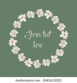 Spring magnolia frame. Spring circle frame. Round border made of fall magnolia in green Vector flat isolated on white background.