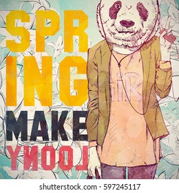 SPRING MAKE LOONY. Hand drawn illustration of fashion girl with animal head. Vector collection