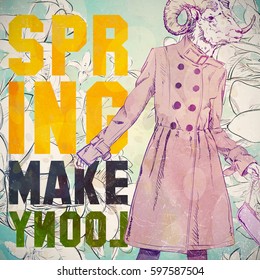 SPRING MAKE LOONY. Hand drawn illustration of fashion girl with animal head. Vector collection
