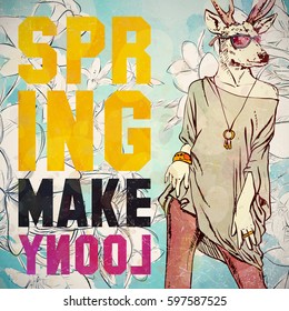 SPRING MAKE LOONY. Hand drawn illustration of fashion girl with animal head. Vector collection