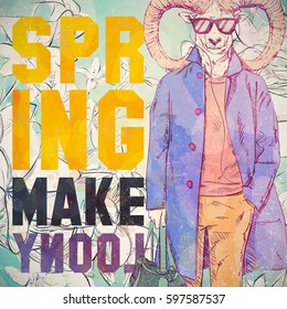 SPRING MAKE LOONY. Hand drawn illustration of dude with animal head. Vector collection