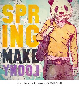 SPRING MAKE LOONY. Hand drawn illustration of dude with animal head. Vector collection