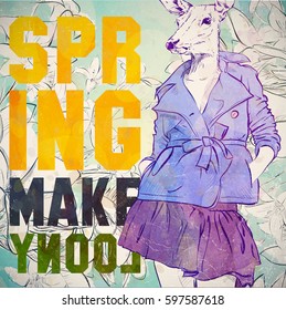 SPRING MAKE LOONY. Hand drawn illustration of fashion girl with animal head. Vector collection