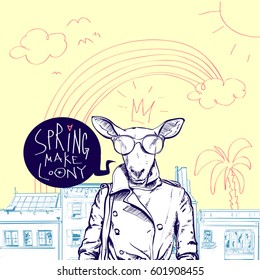 SPRING MAKE LOONY. Hand drawn illustration of pretty girl with animal head. Vector collection