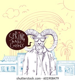 SPRING MAKE LOONY. Hand drawn illustration of stylish dude with animal head. Vector collection