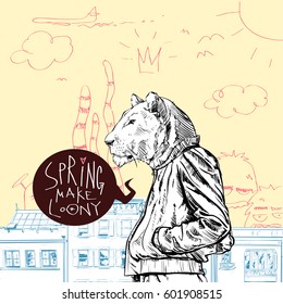 SPRING MAKE LOONY. Hand drawn illustration of pretty girl with animal head. Vector collection