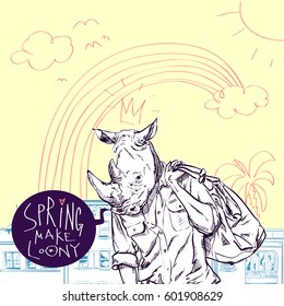 SPRING MAKE LOONY. Hand drawn illustration of stylish dude with animal head. Vector collection