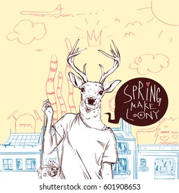 SPRING MAKE LOONY. Hand drawn illustration of pretty girl with animal head. Vector collection