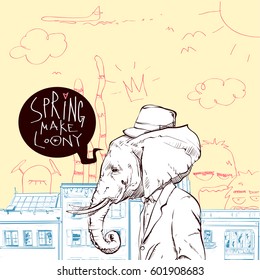 SPRING MAKE LOONY. Hand drawn illustration of stylish dude with animal head. Vector collection