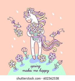 Spring makes me happy. Sweet little pony is standing under a rain drops on the grass hill with bouquet and funny bird fly around and bring flower to her. Cute animal character for kids season design. 