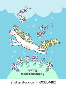 Spring makes me happy. Sweet little pony is jumping under a rain drops on the grass hill and funny birds are picking flowers. Cute animal character for kids design. Perfect for season greetings. 