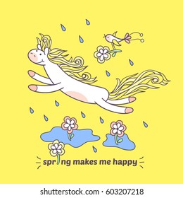 Spring makes me happy. Sweet little pony is jumping under a shower above the water puddles and funny bird is following her. Cute animal character for kids design. Perfect for season greetings.