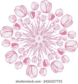 A spring mandala consisting of pink tulips. It will be suitable for your designs for the March 8th holiday.