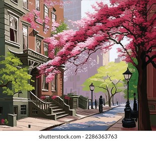 Spring in Manhattan vector landscape illustration, background