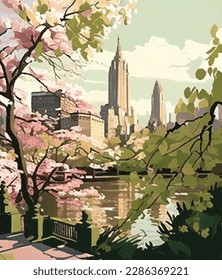 Spring in Manhattan vector landscape illustration, background