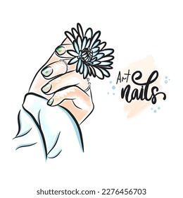 Spring manicure with chamomile, trendy nail design, hand lettering, drawing on short nails, doodle