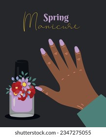 Spring Manicure Hand with Violet Nail polish and Flowers