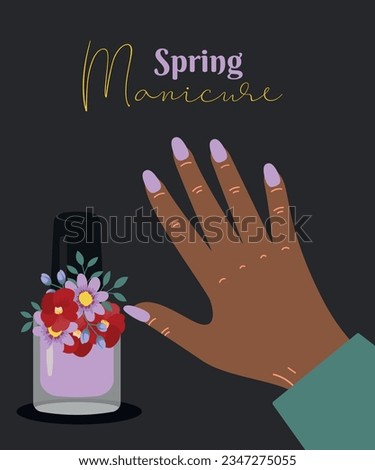 Spring Manicure Hand with Violet Nail polish and Flowers