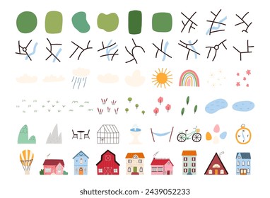 Conjunto de elementos de creador de mapa de primavera, ilustración vectorial plana de dibujos animados aislada sobre fondo blanco. Mapa de formas, caminos y ríos, casas, elementos meteorológicos, césped y árboles globo de aire, bicicleta y fuente.