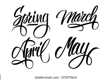 Spring. March, April, May. Spring months. Spring month lettering. Calligraphic season inscription. Vector handwritten typography.