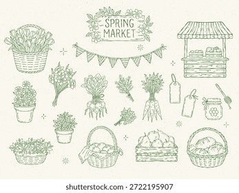 Frühlingsmarkt Linie Art Vektor-Set: Blumen, Körbe, Kisten, Girlanden, Gemüse, Obst, frische Produkte, in einem minimalistischen, monochromen Umriss. Perfekt für saisonale Illustrationen, Karten, Einladungen